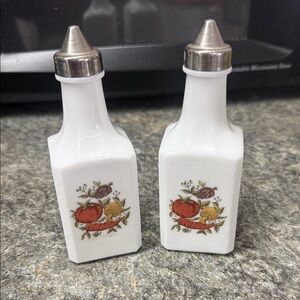 Vintage “Spice of Life” Dominion Milk Glass Oil and Vinegar Bottles Set of 2